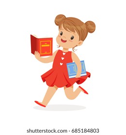 Beautiful girl in red dress running and reading a book, kid enjoying reading, colorful character vector Illustration