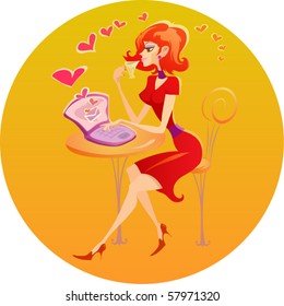 Beautiful girl in red is drinking coffee at a table in a cafe. Front of her laptop. She had just received an email with congratulations Valentine