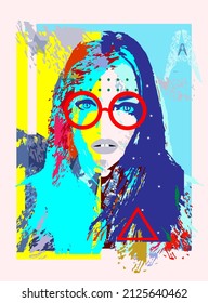 Beautiful girl with red glasses and  blue hair, art graffiti poster illustration