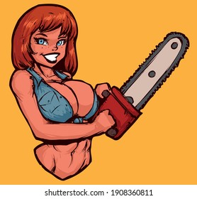 a beautiful girl with red hair in a denim tank top holds a chainsaw