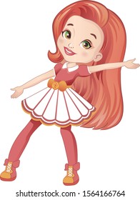 Beautiful girl with red hair says hello . Happy girl meeting you. Cartoon character vector illustration.