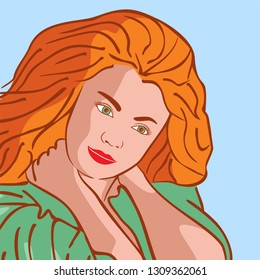 The beautiful girl with red hair. Vector illustration of the beautiful green-eyed woman. Basis for a greeting card. Flat design.