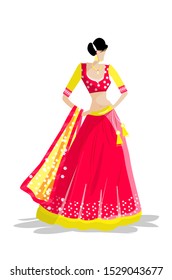 A Beautiful Girl In Red Lehenga Choli. A Girl In Indian Ethnic Dress Vector Illustration