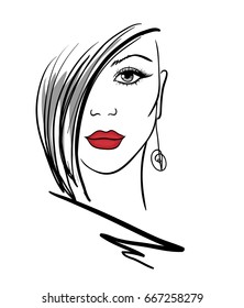 Beautiful girl with red lips, sketch, vector