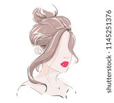 Beautiful girl with red lips vector fashion illustration. Abstract young woman face with makeup hand drawn portrait isolated for lipstick sale banner design.
