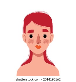 Beautiful girl with red long straight hair portrait isolated on white background. Stylized funny character. Vector art