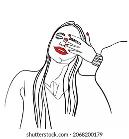 Beautiful girl with red manicure line art. for manicure salons. For cards, posters, stickers.