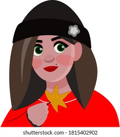 
beautiful girl in a red sweater and black hat with a maple leaf in her hands