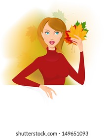 beautiful girl in red sweater holding maple leaves in hand