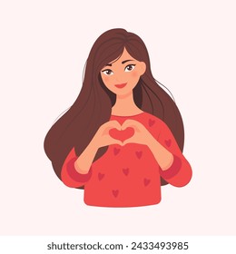 Hermosa chica en un suéter rojo haciendo forma de corazón con las manos. El concepto de amor propio. Mujer feliz con el amor en el corazón