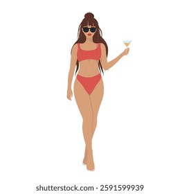 Beautiful Girl in Red Swimsuit with a cocktail glass. Beach Vacation by the sea, by the pool. Young Woman with Long Hair with Glasses Painted in Flat Style. Vector