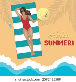 A beautiful girl in a red swimsuit sunbathing on the beach in the shade of palm trees.  Card for resorts, beaches, hotels, travel agency. 