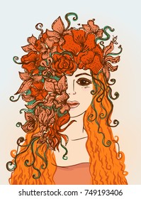 Beautiful girl with redhead and flower wreath. Symbol autumn. Vector illustration.Girl with bouquet. Coloring book pages. Portrait of young beautiful woman. Print for girl t shirt