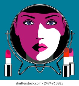 Beautiful girl reflected in the mirror. Theme of beauty, makeup, cosmetics, facial care. Vector illustration in minimalist style.