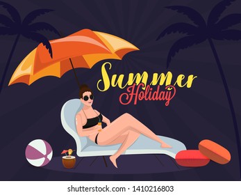 Beautiful girl relaxing on beach chair with lifesaver and ball for Summer Holiday template or poster design.