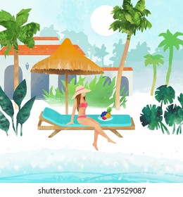 Beautiful girl relaxing on a lounger on a beach resort. Vector watercolor illustration with beach, palm trees, cottage and woman. Summer vacation concept.