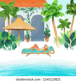 Beautiful girl relaxing on a loungerh on a tropical beach. Vector hand drawn illustration with beach, palm trees, cottage and woman. Collage with watercolor texture