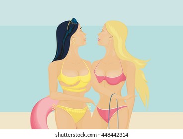 Beautiful girl relaxing on the sea. This summer illustration represents lighthearted and positive mood, warmth and beauty of the human body.