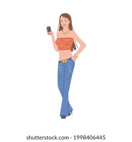A beautiful girl representative generation y. A young woman or teenager with a mobile phone in her hand. Flat cartoon vector illustration isolated on white.