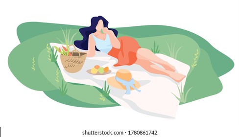 Beautiful girl resting in nature, summer picnic Vector illustration in isolated background. Spend time with yourself. Time for self-love.  Summer vacation card. Enjoying life. Outdoor recreation.