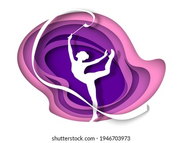 Beautiful girl, rhythmic gymnast white silhouette dancing with ribbon, vector illustration in paper art style. Rhythmic gymnastics competition.