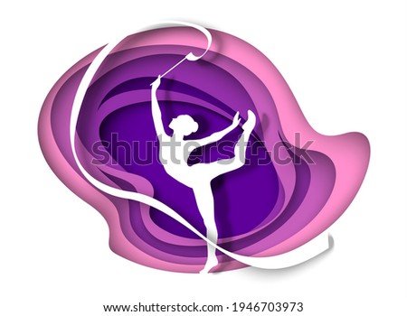 Beautiful girl, rhythmic gymnast white silhouette dancing with ribbon, vector illustration in paper art style. Rhythmic gymnastics competition.