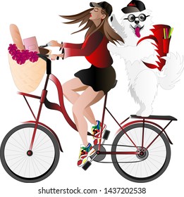 A beautiful girl rides a Bicycle in a short skirt and stylish sneakers, and behind her is a Samoyed dog with a red backpack, sunglasses and a cap.