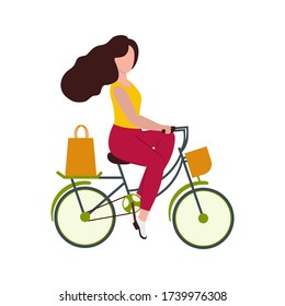 A beautiful girl rides a Bicycle to the store for shopping. The concept of a healthy lifestyle, Cycling, sports. The delivery of food. Vector cartoon flat illustration