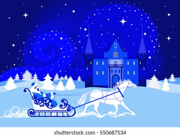 Beautiful girl rides in a sleigh near the castle. Night winter landscape with a castle, a white horse and the snow queen, riding in a sleigh.