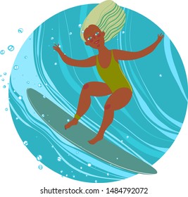 beautiful girl rides a surf, rolls down with a big blue wave. vector icon. flying postcard. logo