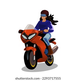 beautiful girl riding a big motorcycle.vector illustration isolated on white background.Cute design for t shirt print, icon, logo, label, patch or sticker.
