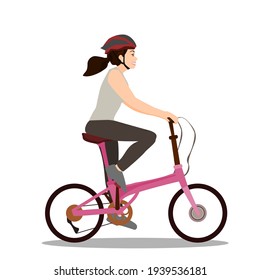 A beautiful girl riding a folding bicycle.Vector illustration isolated on white background..Eco transport.Cute design for t shirt print, icon, logo, label patch or sticker.