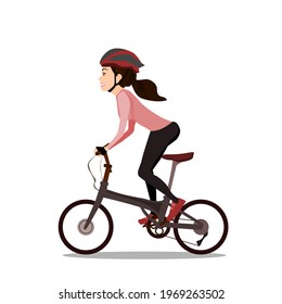 A beautiful girl riding a folding bicycle.Vector illustration isolated on white background.Eco transport.Cute design for t shirt print, icon, logo, label, patch or sticker.Smile happily.