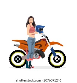 beautiful girl riding a motocross.Racers dressed in protective clothing and wearing helmets.Wear a sleeveless shirt and show your belly.Isolated vector illustration on a white background.
