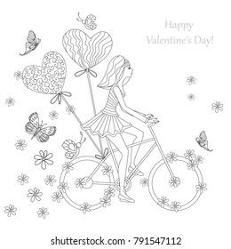 beautiful girl is riding on a bicycle for your coloring book. happy valentines day 