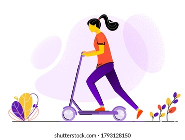 Beautiful girl riding on Kick scooter. Vector illustration on white background. Sports and healthy lifestyle concept.