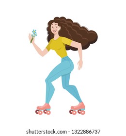 Beautiful girl riding on roller skates. Vector illustration on white background. Sports concept.