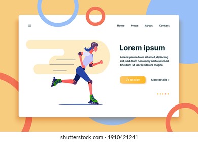 Beautiful girl riding on roller skates. Roller skating flat vector illustration. Leisure concept for banner, website design or landing web page