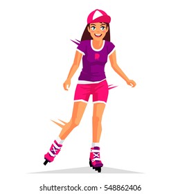 Beautiful girl riding on roller skates. Vector illustration on white background. Sports concept.