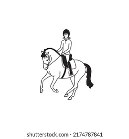 Beautiful girl riding a pony, black and white simple drawing
