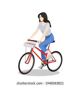 A beautiful girl riding a red bicycle happily.Vector illustration isolated on white background.Cute design for t shirt print, icon, logo, label, patch or sticker.