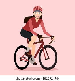 A beautiful girl riding a road bike.Vector illustration isolated on pink background.