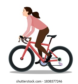 A beautiful girl riding a road bike.Vector illustration isolated on white background.Eco transport.Cute design for t shirt print, icon, logo, label, patch or sticker.