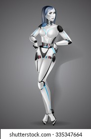 Beautiful girl robot android on gray background.