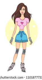 Beautiful girl roller skating, vector illustration