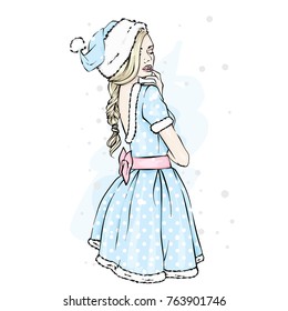 Beautiful girl in a Santa Claus dress and hat. Vector illustration for a postcard or a poster. New Year's and Christmas. The Snow Maiden.