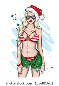 Beautiful girl in santa claus hat. New Year's and Christmas. Vector illustration for a card or poster. Fashion and style, clothes and accessories.