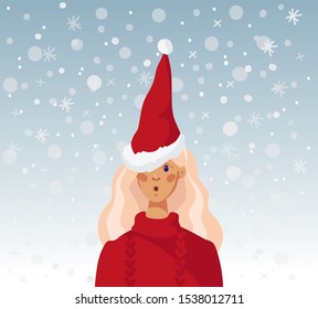 Beautiful girl in a santa hat. Christmas card with girl and snow. Merry Christmas Surprised girl in Santa hat. Blue background with snow. Flat cartoon style vector illustration.