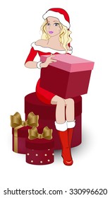 the beautiful girl in Santos hat and red dress, holds a gift in hand, happy new year pic