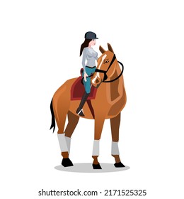 A beautiful girl sat on a brown horse that stood majestically.Isolated vector illustration on a white background.